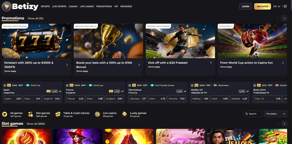 Betizy Casino Übersicht Betizy Casino Lobby mit Slots und Live-Tischen