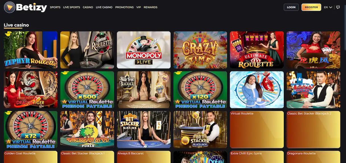 Live-Casino-Bereich von Betizy Live-Casino-Tische bei Betizy mit echten Dealern