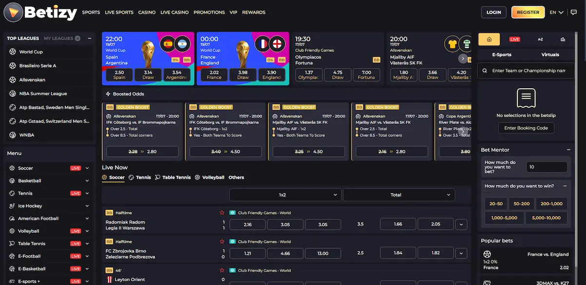 Sportwetten bei Betizy Sportwetten-Sektion von Betizy mit Live-Quoten